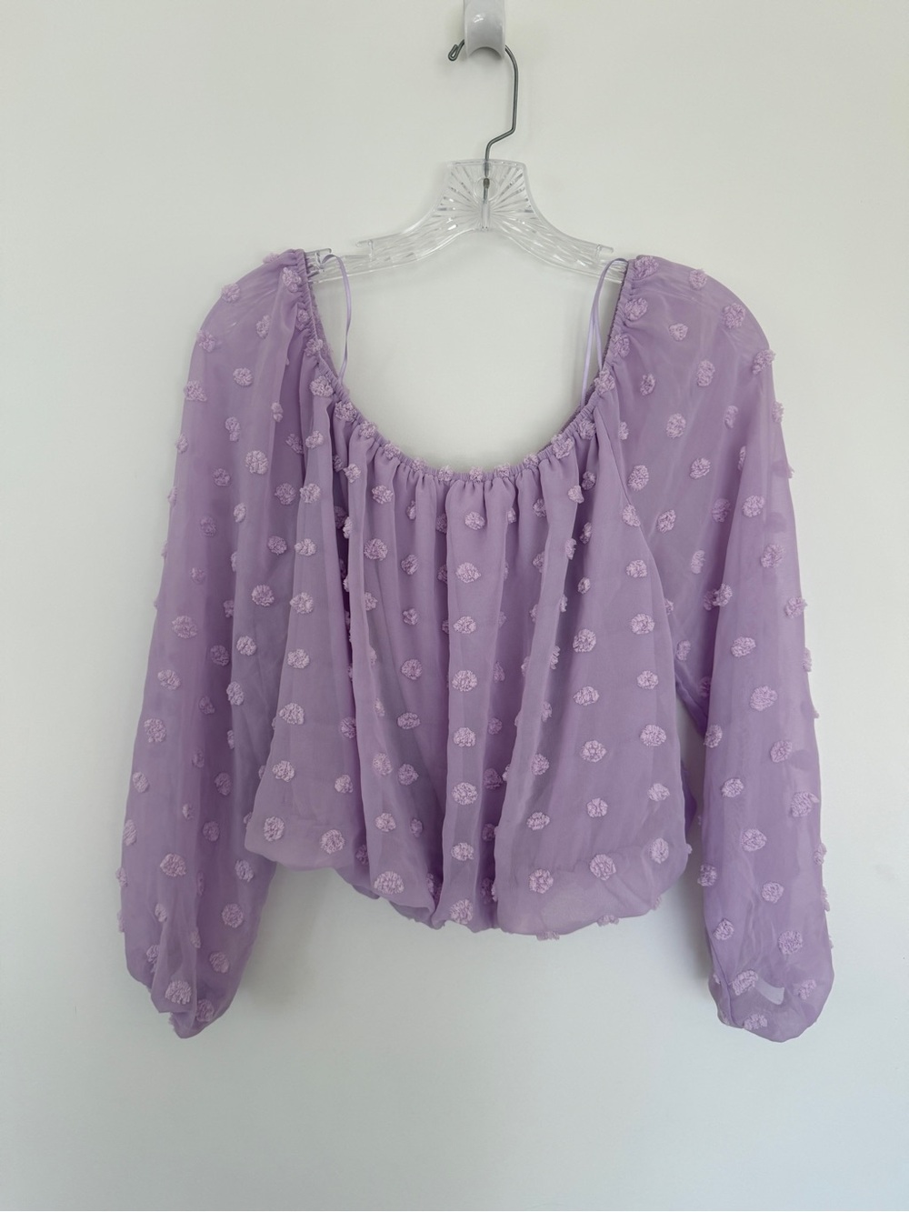 Francesca's Collections Lavender Off-Shoulder Swiss Dot Blouse